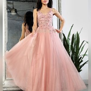 Rose gold v neckline long beaded sparkly tulle open back gown